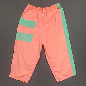 Vintage 80s 90s Dove Nylon Track Pants Activewear Neon Pink Mint Green USA Large